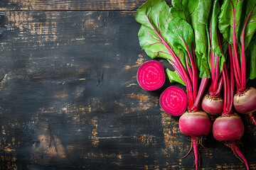 Fresh beetroots with green leaves and sliced halves arranged on dark wooden surface
