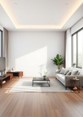 Fototapeta premium Modern cozy living room and white empty wall texture background interior design Empty room interior design architecture blank design room