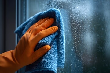 Cleaning window glass with rubber gloves and microfiber cloth