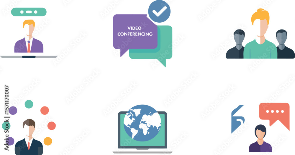 Poster flat design vector icons illustrating remote work and communication methods