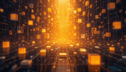 Fototapeta premium Gorgeous abstract backdrop with luminous orange and yellow squares that give depth: Artificial Intelligence