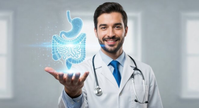 Smiling male doctor showing holographic digestive system with futuristic medical interface in modern clinic.
