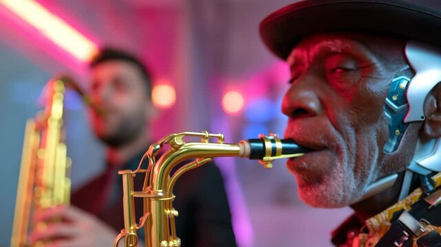Jazz musician enthralls with saxophone solo in vibrant neon atmosphere