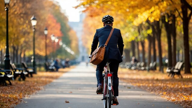 Businessman commuting by bicycle through autumn park wearing suit and helmet with shoulder bag on bright fall morning.