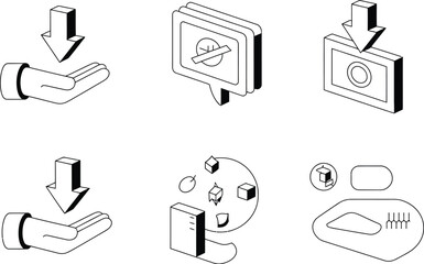 Isometric illustrations showing hand receiving arrow and other abstract icons