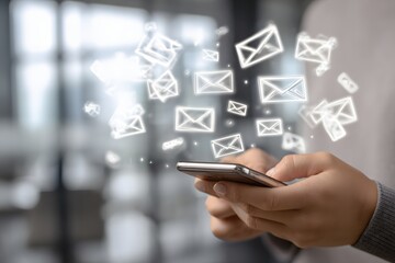Woman using smartphone with email icons floating in the air