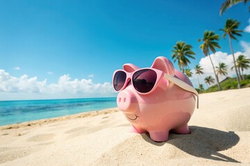 Pink Piggy Bank Wearing Sunglasses on Sandy Beach with Blue Sky and Ocean Background