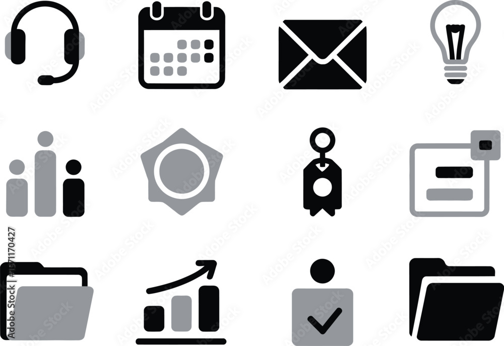 Poster twelve business icons arranged in a grid on a white background display