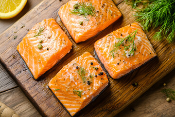 Four salmon fillets seasoned with dill and pepper displayed on wooden board