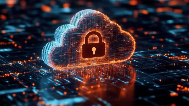 Abstract video of cloud computing security showing a padlock protecting digital data in the cloud. Symbolizes cybersecurity, data protection, and online privacy in modern networks - Powered by Adobe