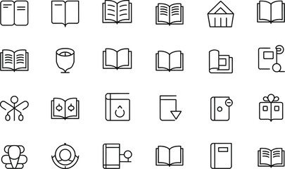 A collection of various book and reading related icons in a line art style