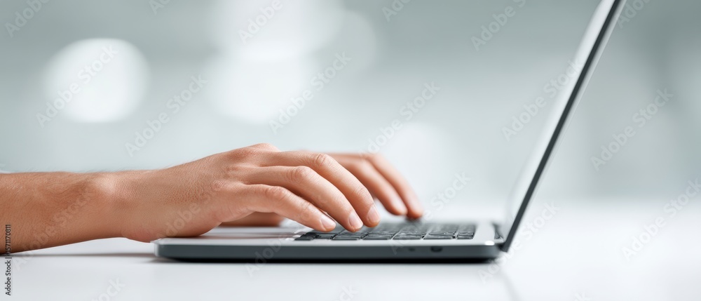 Poster typing action on a laptop keyboard office setting photo bright environment close-up view digital int