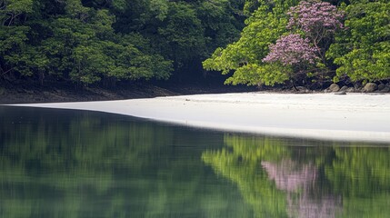 Serene Beach Reflection: Lush Greenery, Pink Blossoms, Tranquil Waterscape.