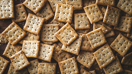 Overhead view of a pile of square poppy seed crackers on a wooden surface