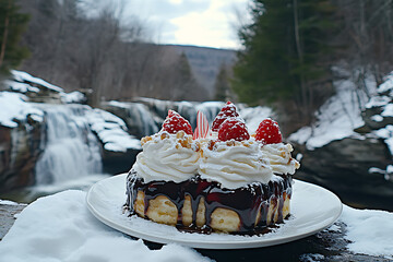 Raspberry topped cake with chocolate drizzle on a plate in a snowy outdoor setting with a waterfall