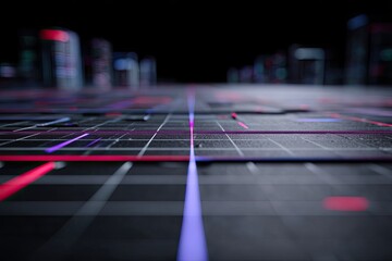 Abstract city grid, overlaid with data streams.  Perspective view of a network, futuristic
