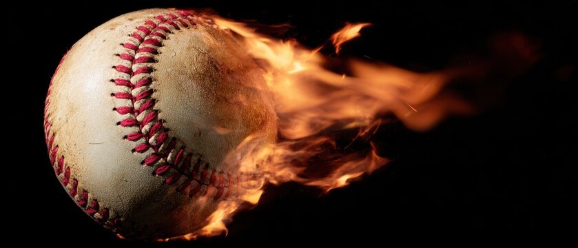 The baseball flying through the air engulfed in flames showcasing dynamic motion.