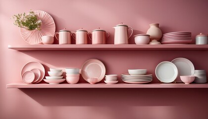 pink kitchen shelves filled with dishes and decorative items