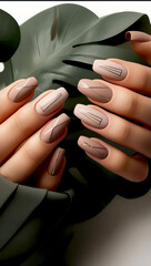 Manicure hand finger nail. Nude tones and golden lines  nailart.