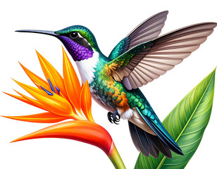  Kolibri mit violetter Kehle sammelt Nektar an orangefarbener Helikonie – AI Illustration, PNG