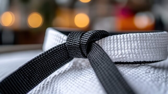 Close-up martial arts black belt tied on white gi