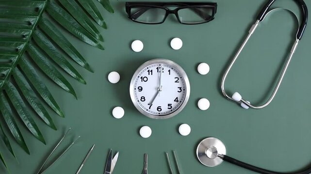 Alarm clock, stethoscope and surgical instruments on mint green.