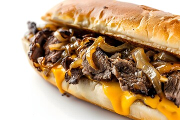 A close-up of a classic Philly cheesesteak sandwich isolated on a white background