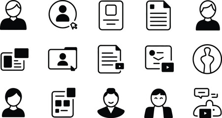 A collection of fifteen black and white outline style user interface icons