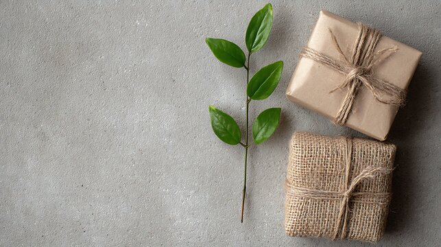 Eco-friendly packaging with twine and plant, symbolizing sustainable materials. .