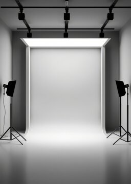 A sleek 3d lightbox frames a minimalist gray studio backdrop offering a clean modern setting for professional stock photo shoots with ample room for creativity Empty room interior design Ultra rea