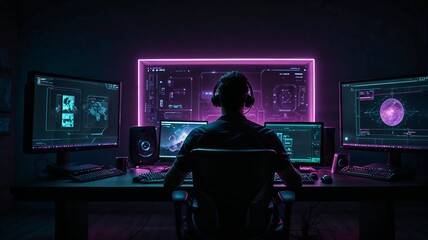 Gamer Setup in Neon Pink Room – Dual Monitor Cyber Interface