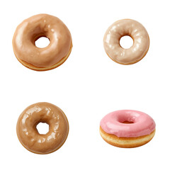 Assorted glazed donuts in chocolate and pink frosting on white background