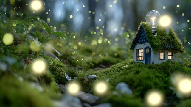 A dynamic macro shot of an eco house model with moss-covered roofing and a glowing energy-efficient light bulb on top of vibrant leaves, sunlight streaming through with visible dus