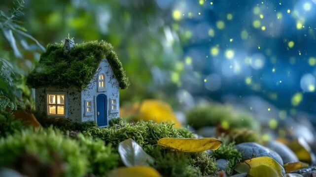 A dynamic macro shot of an eco house model with moss-covered roofing and a glowing energy-efficient light bulb on top of vibrant leaves, sunlight streaming through with visible dus
