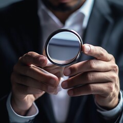 A focused individual, meticulously examining a reflective surface, potentially unveiling insights through keen observation.