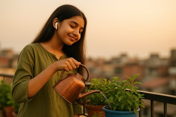 Indian Woman Watering Plants on Balcony, Peaceful Gardening