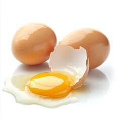Close-up view showcases two eggs and an egg that is cracking with the yolk spilling out. A simple shot of healthy food.