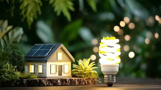 A glowing CFL bulb wrapped in a spiral of leaves beside a tiny modern house model with rooftop solar panels, all placed on a natural wood platform surrounded by radiant green folia