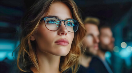 Team of business analysts working with holographic data displays in neon-lit office, sharp glass reflections, focused expressions, deep cyberpunk futuristic atmosphere.