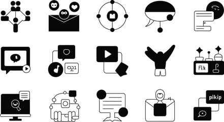 Collection of various black and white social media and communication icons