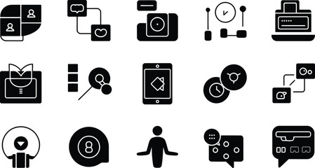 A collection of fifteen different black silhouette icons on a white background