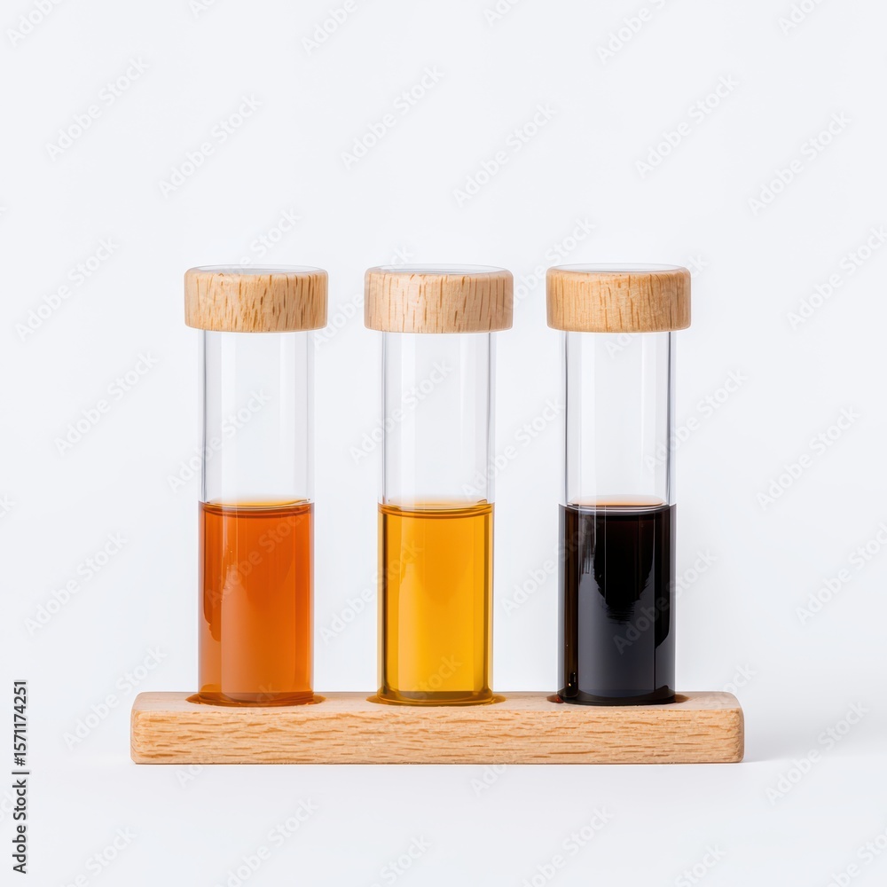 Poster three test tubes with colorful liquids displayed on a wooden rack in a studio setting