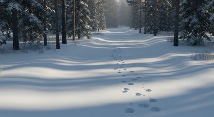 Fototapeta premium Footprints in fresh snow on a serene winter forest path. Snowy landscape with pine trees and long shadows under soft sunlight.