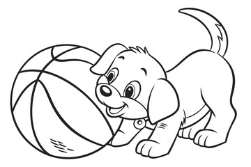 Fototapeta premium A vector line art of a smiling puppy playing with a ball, black and white coloring page for kids, cute style, simple lines, no background