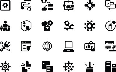 A collection of black and white glyph icons arranged in a grid pattern