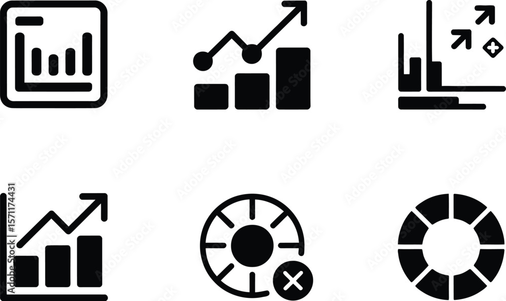 Poster illustration of various black and white data analysis and graph icons set