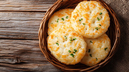 Pile of griddle scones with parsley in wicker basket on wooden table
