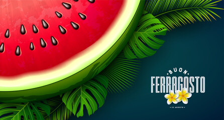 Buon Ferragosto Italian Summer Holiday Festival Design with Watermelon, Flower and Palm Leaves on Blue Background. Vector Italy Language Midsummer Illustration with Typography Letter for Banner, Flyer