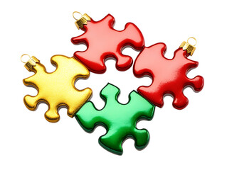 Obraz premium Four shiny metallic puzzle pieces in red gold and green isolated on transparent background