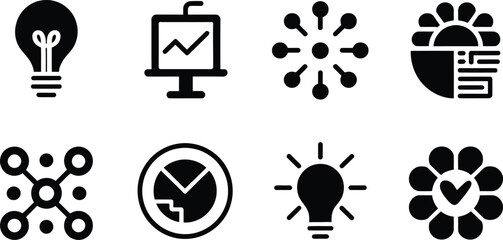 Collection of black and white business and data related icon illustrations